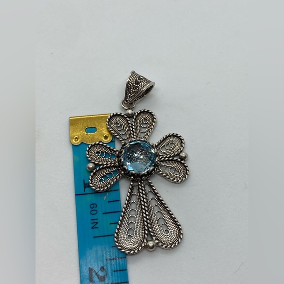 Vtg Sterling & Topaz Filigree Large Cross Pendant - DGS Turkey / 2.3” Length - Picture 10 of 11